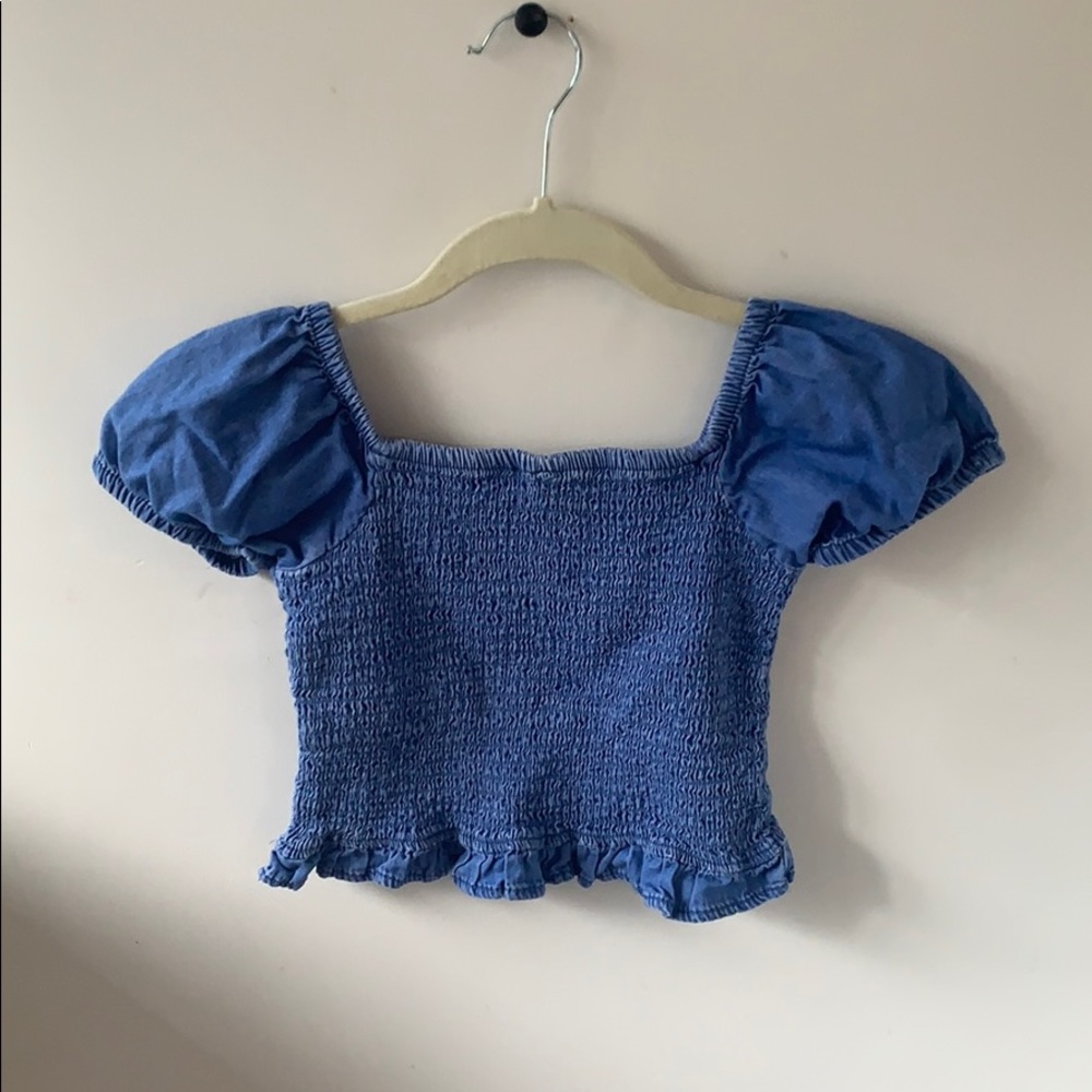 Blue puff sleeves faux denim blouse